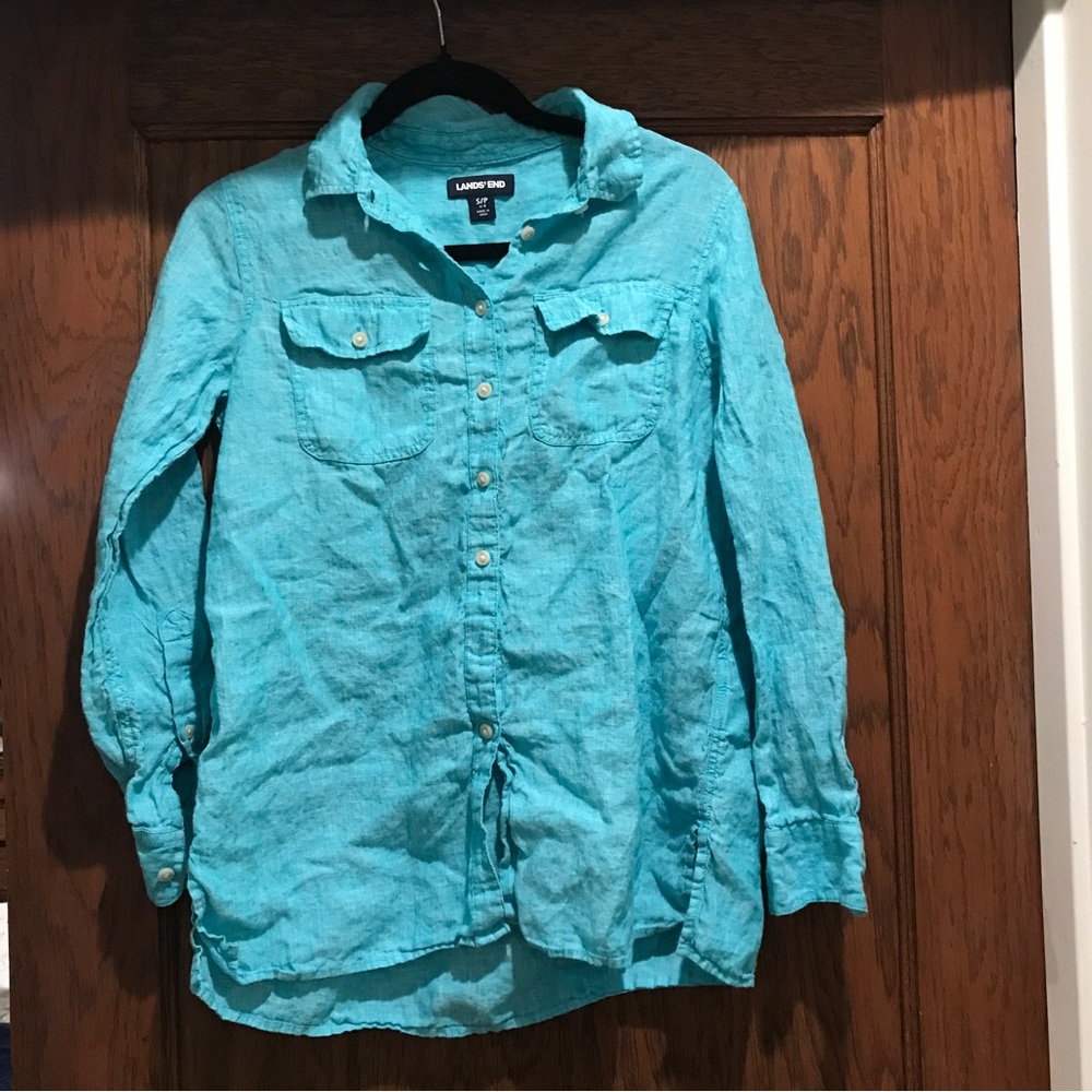Land's End Light Blue Linen Button Down Shirt